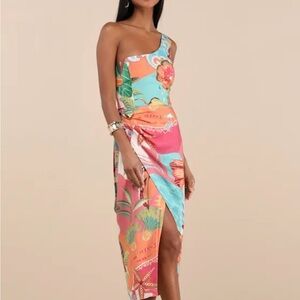 Lulu's Vibrant Floral One-Shoulder Midi Dress tropical vacation beach large